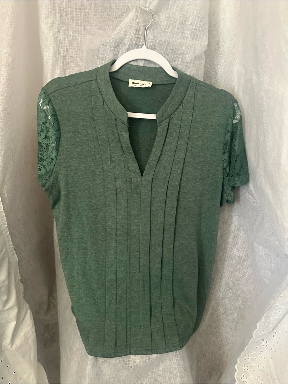 Green Pintuck Lace-Sleeve Blouse - Annabelle & Co.